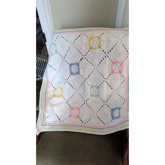 Handmade Crochet Baby Blanket Pastel Squares White  Color Accents  32.5 c 32 - Picture 5 of 8